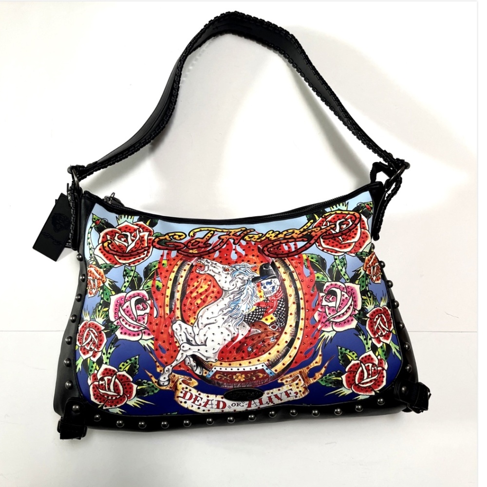 Ed Hardy Multicolor Floral & Horse Hobo Bag with Black Trim - Picture 5 of 8